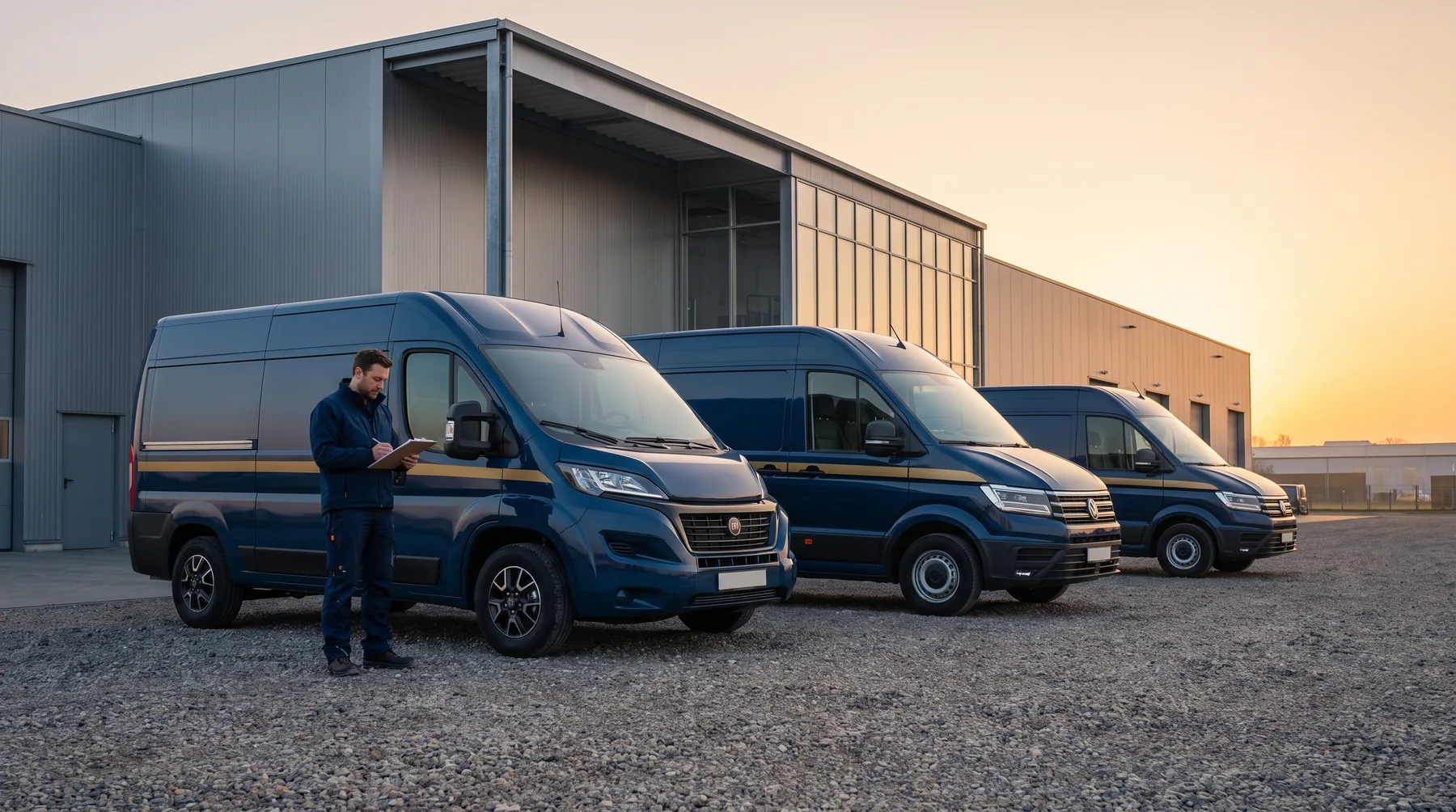 Fleet of branded delivery vans at dawn
