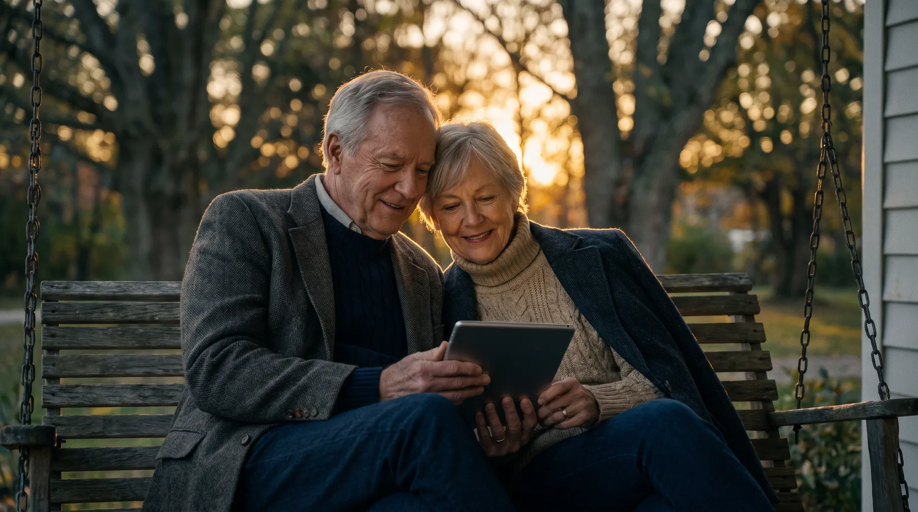 Senior couple sitting together on a porch swing at sunset