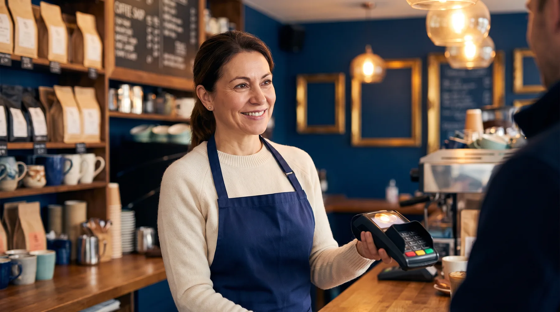 Coffee shop owner processing a payment on a card terminal