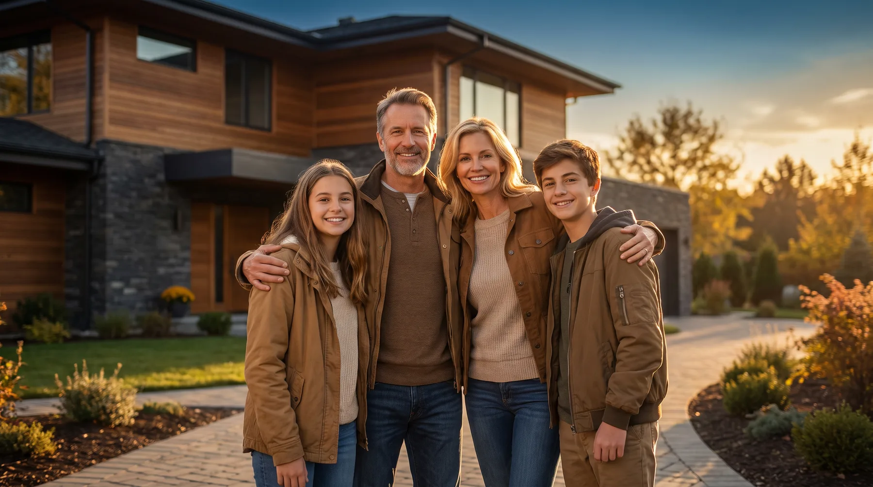Family standing in front of their suburban home at golden hour